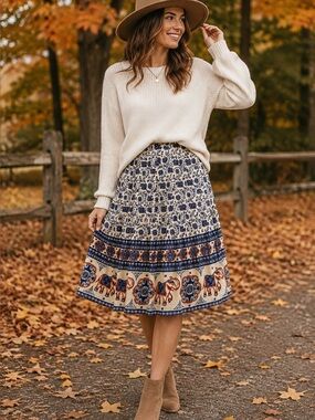 Solitaire Boho Elephant Print Skirt | Size Medium | Blue & Cream A-Line